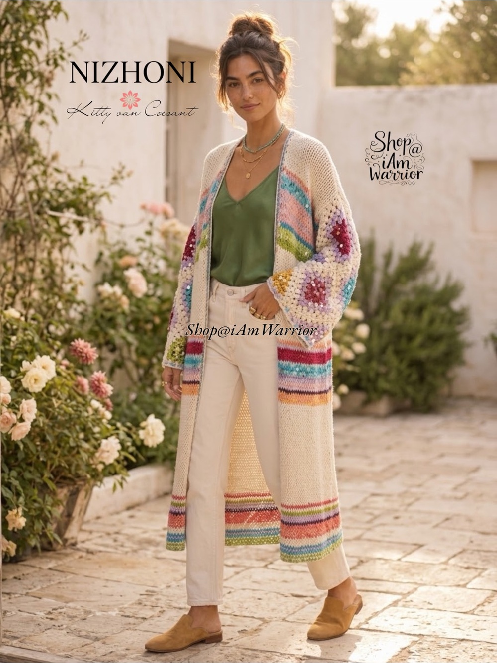 NIZHONI RARE Handmade Silk Cotton Sequin Rainbow Crochet Maxi Cardigan Duster